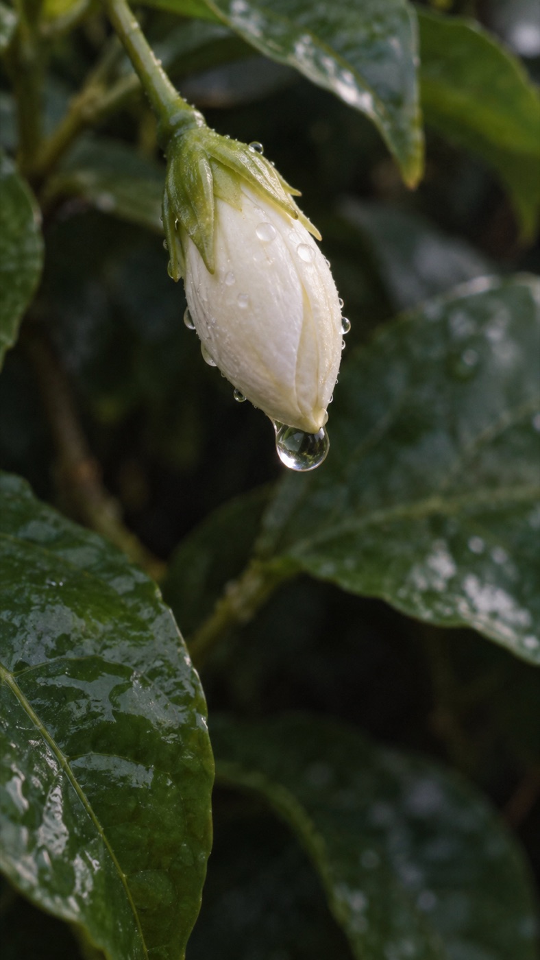A white blossom bud holding a single drop of water