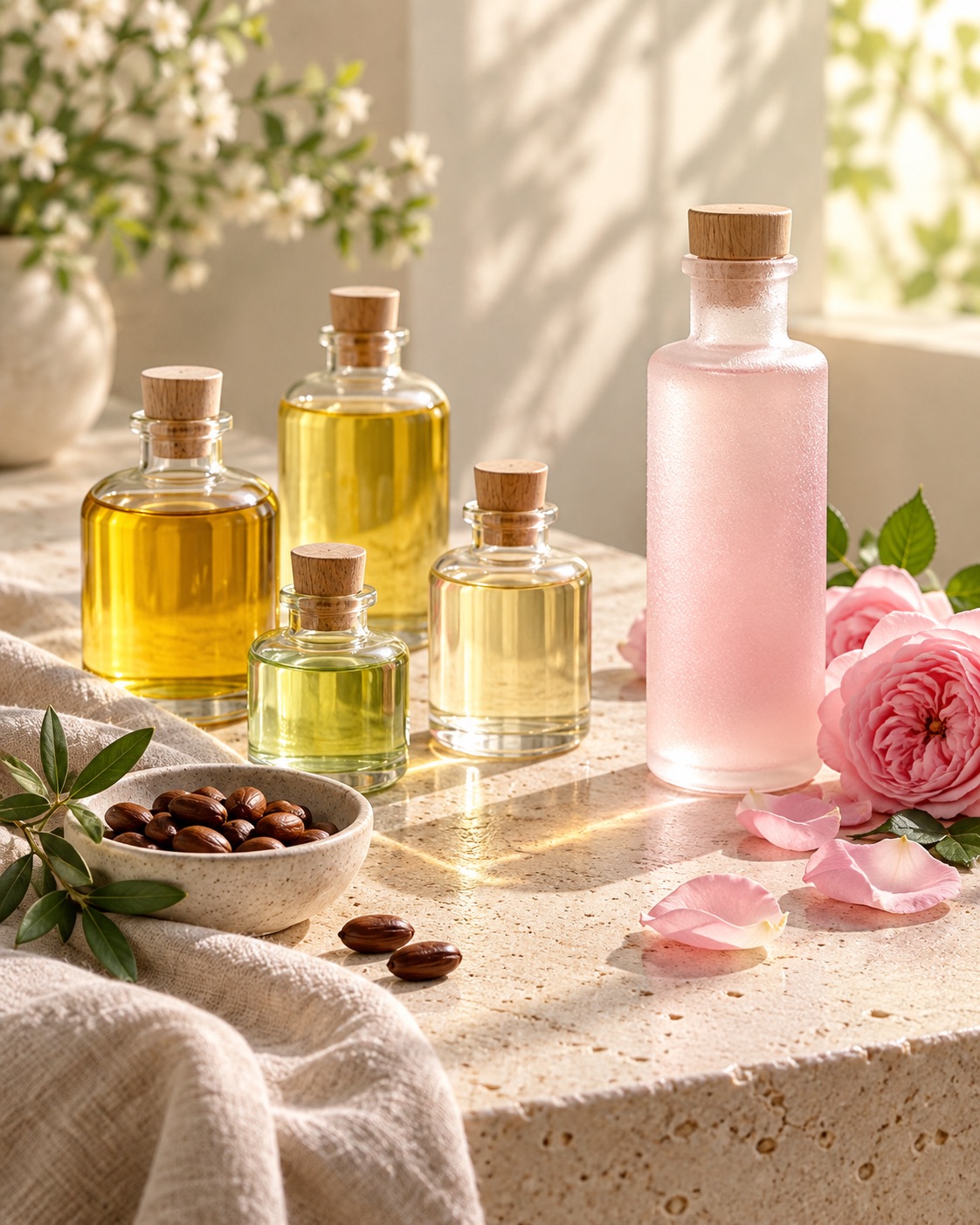 Glass bottles of golden carrier oils and a frosted bottle of rose hydrosol with fresh rose petals