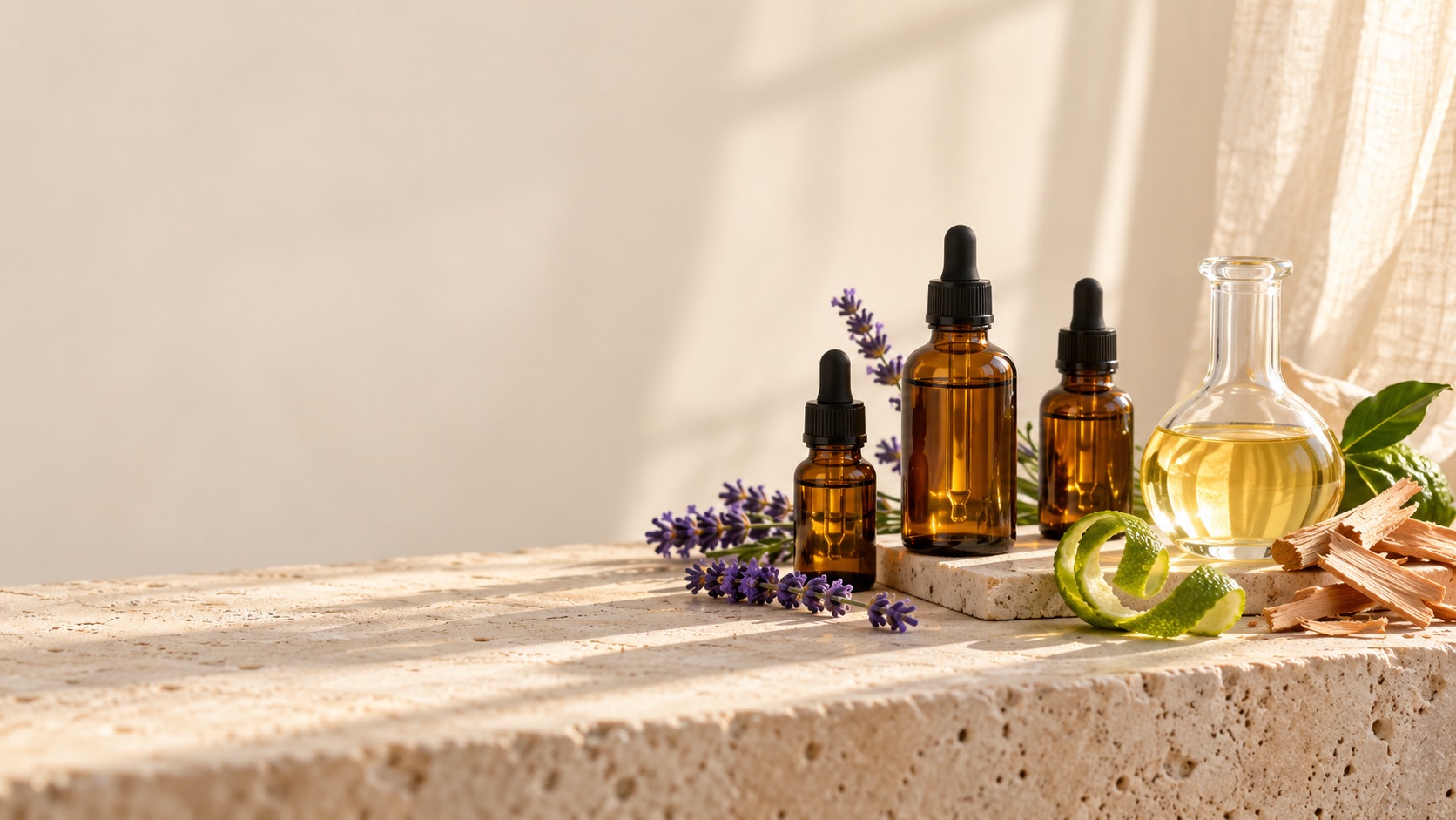 Amber dropper bottles, a flask of golden oil, lavender, bergamot peel and cedar shavings on travertine in morning light