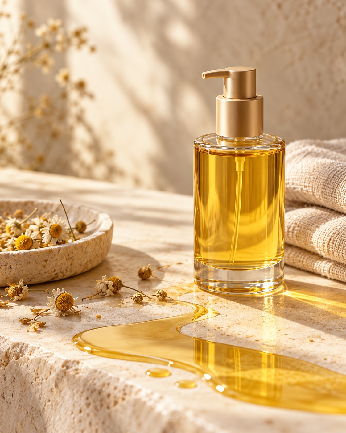 Golden massage oil pooling on pale limestone beside a glass pump bottle and dried chamomile
