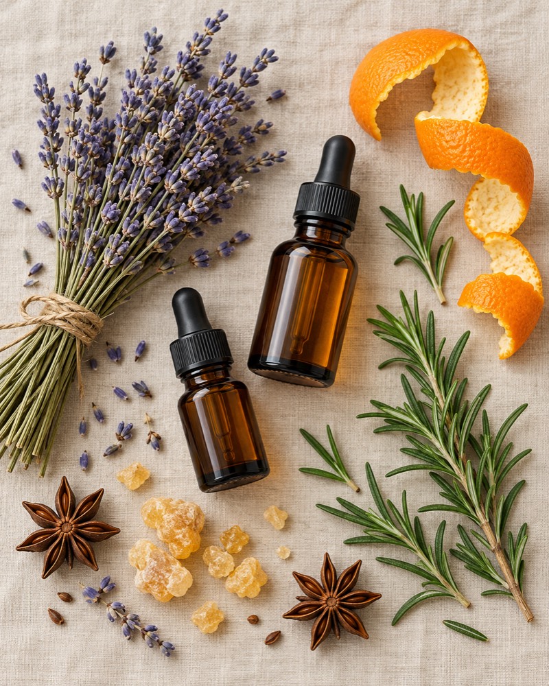 Lavender, orange peel, rosemary, frankincense resin and amber dropper bottles on linen